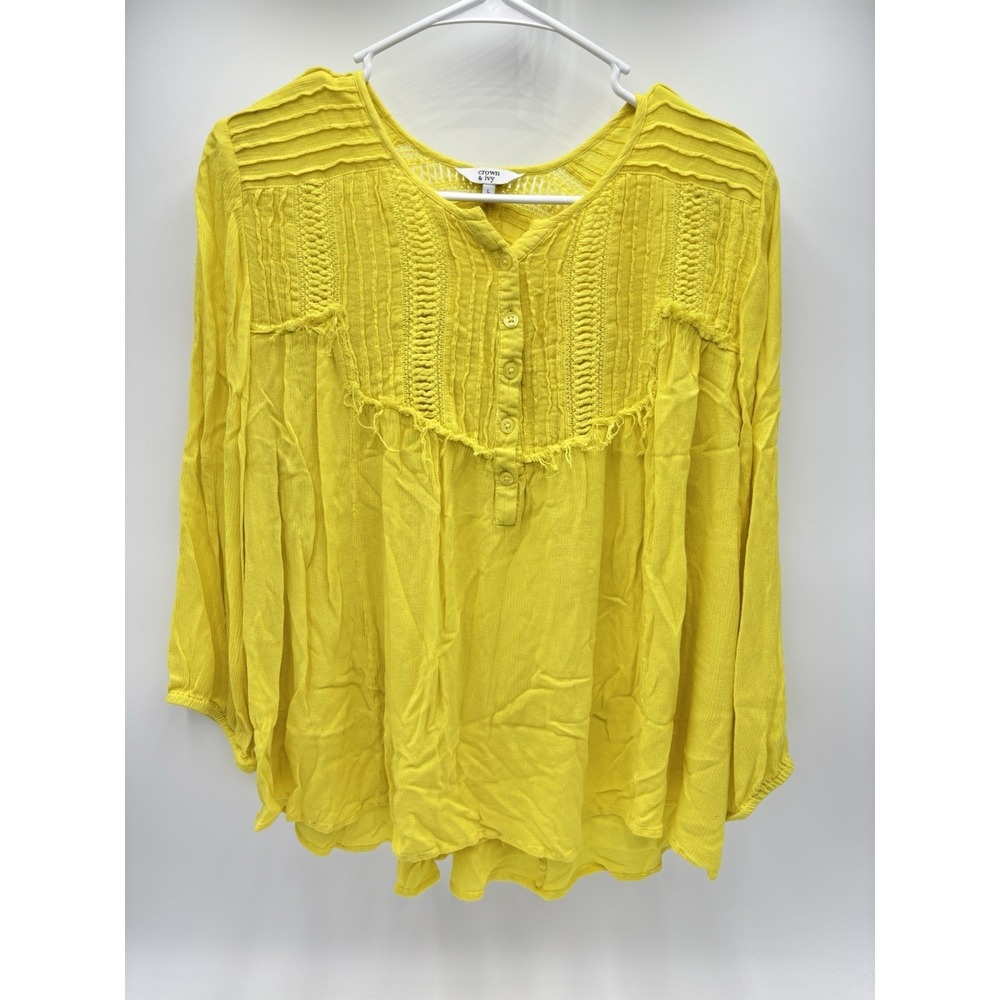 Crown & Ivy Women's L Yellow Boho Peasant Blouse Crochet Lace Long‎ Sleeve